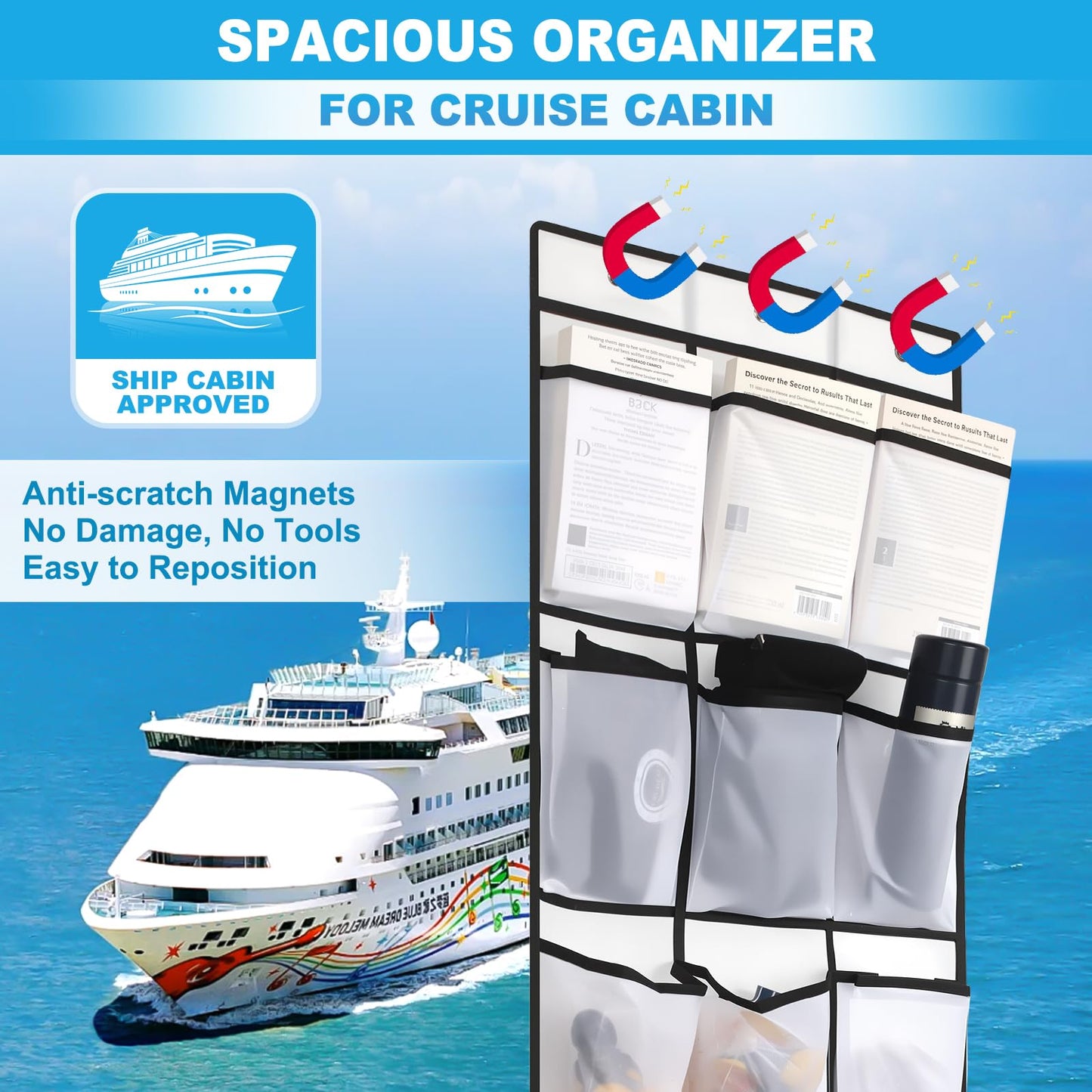 Cruise Magnetic Door Organizer with Hooks – 15 Large Pockets, Strong Anti-Scratch Magnets, Over-the-Door Cruise Essentials Storage for Cruise Cabins