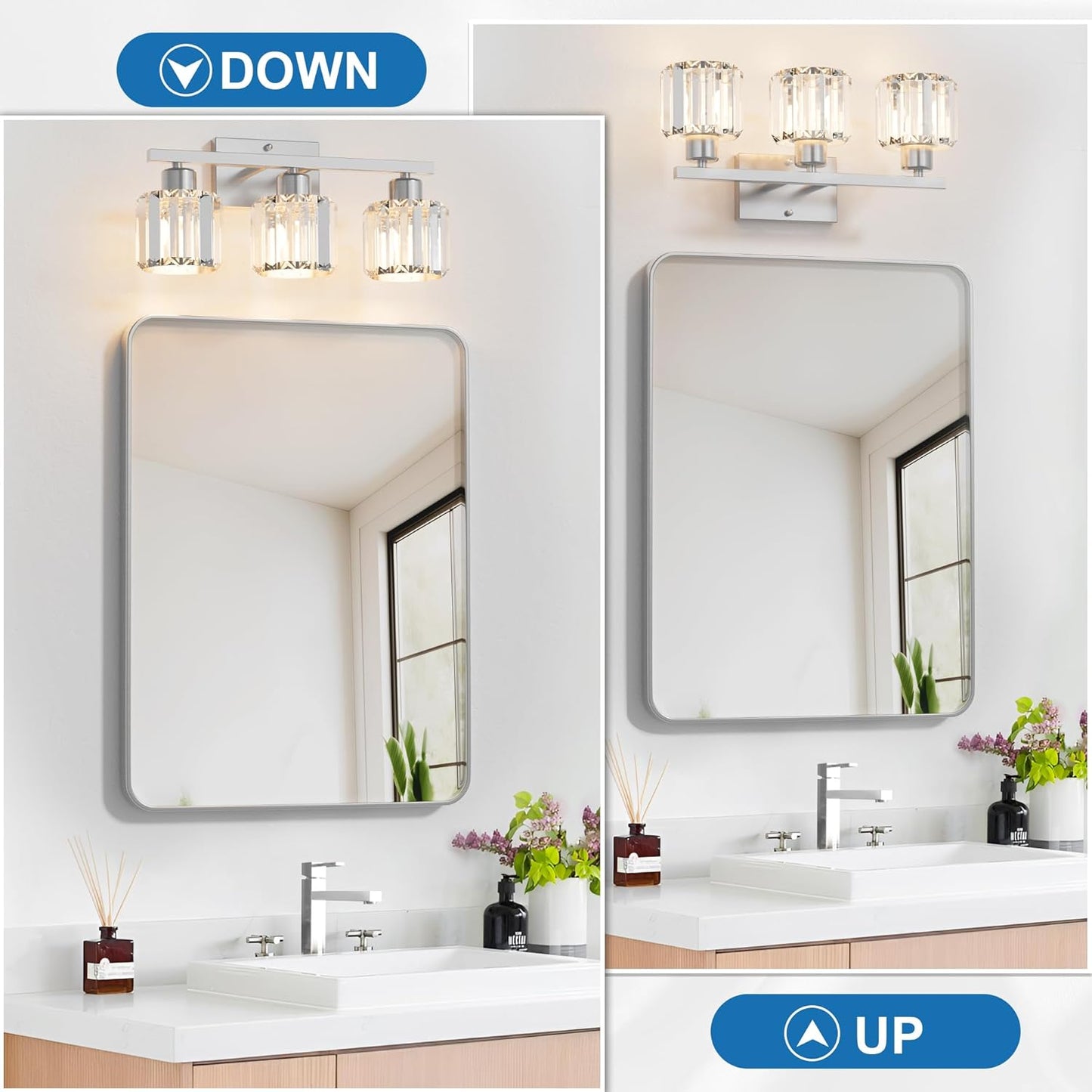 comzler 3-Light Bathroom Light Fixtures Over Mirror, Brushed Nickel Crystal Wall Sconce with E26 Base for Mirror Kitchen Living Room Bathroom, Round Crystal Shades (Bulbs Excluded)