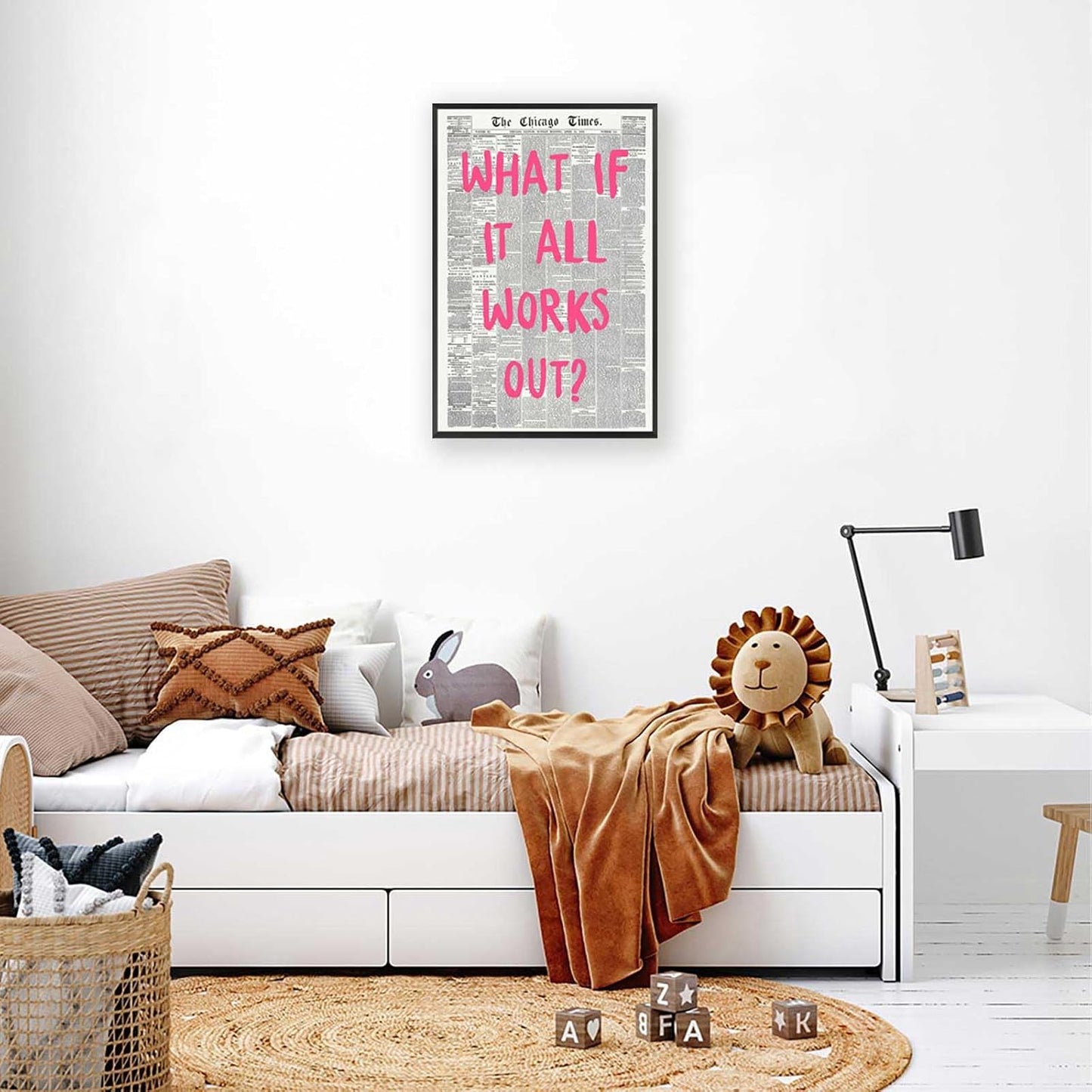 Retro Newspaper Poster by What If It All Works Out - Pink Font Canvas Wall Art | Minimalist 8x12in Framed Decor for Home & Bedroom