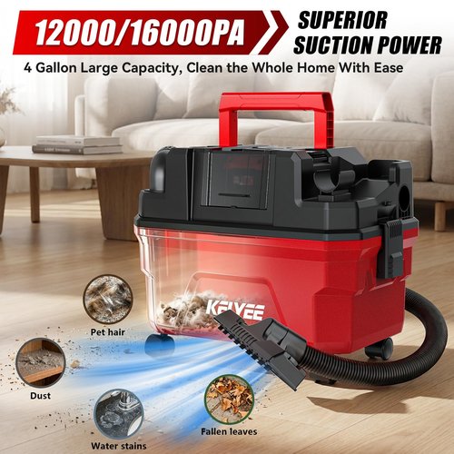 Cordless Shop Vac - 4 Gallon Small Shop Vac Wet and Dry with Accessories, 2 x 4.0Ah Batteries Wet Dry Vacuum, Ideal for Garage, Car, Workshop (Red)
