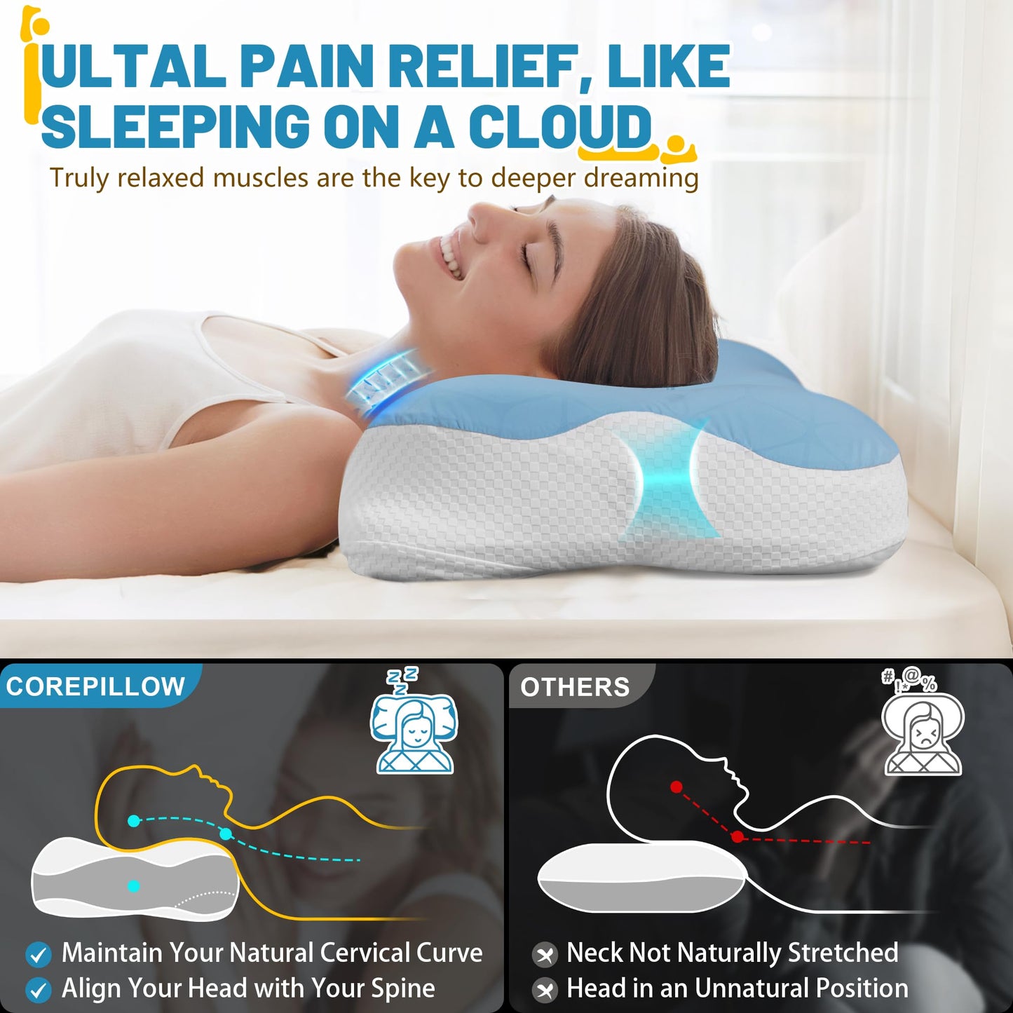 Cervical Memory Foam Pillow for Neck Support, Ergonomic Contour Pillow for Back and Side Sleepers, Breathable Slow-Rebound Foam, Cloud-Like Comfort (2, White)