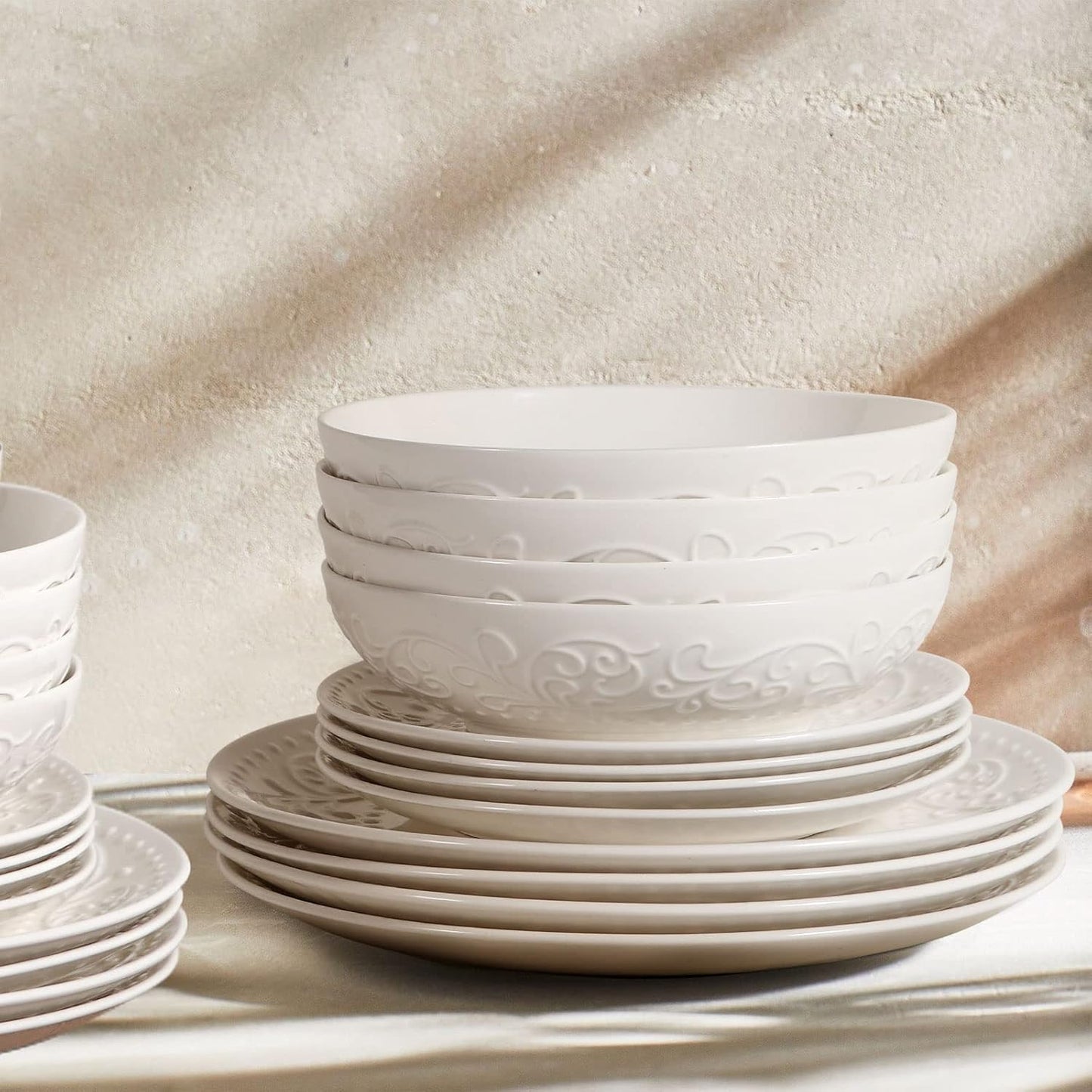 Artena Pasta Bowls Set of 4 - 32oz Ceramic Salad Bowls | 8-Inch White Embossed Design, Microwave & Dishwasher Safe