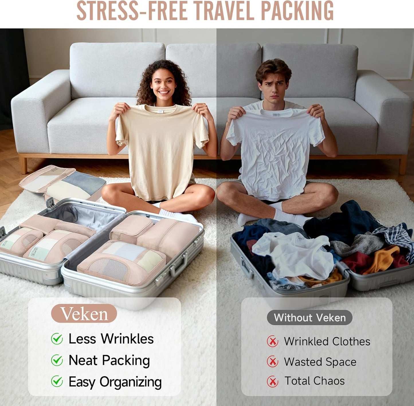 Veken Packing Cubes Set - Travel Organizer Bags for Beach Vacations | Includes Hanging Toiletry Bag