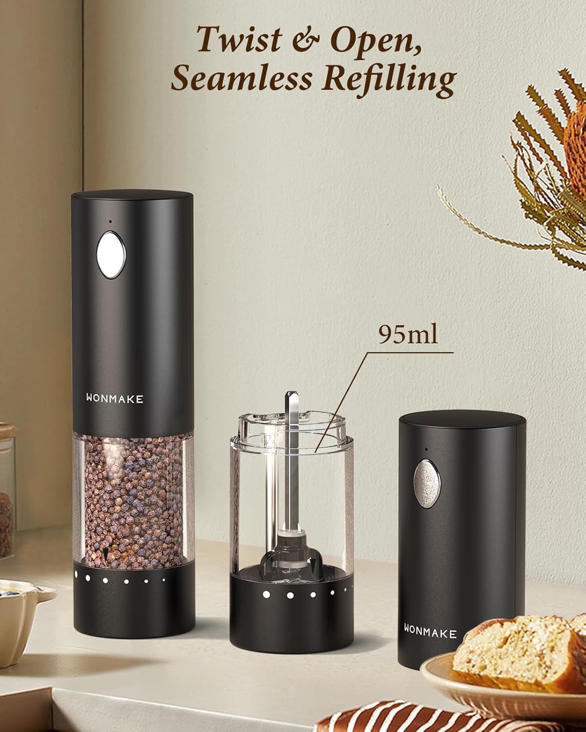 Skiennix Electric Salt and Pepper Grinder Set - Automatic Refillable Grinders with LED Light & Adjustable Coarseness