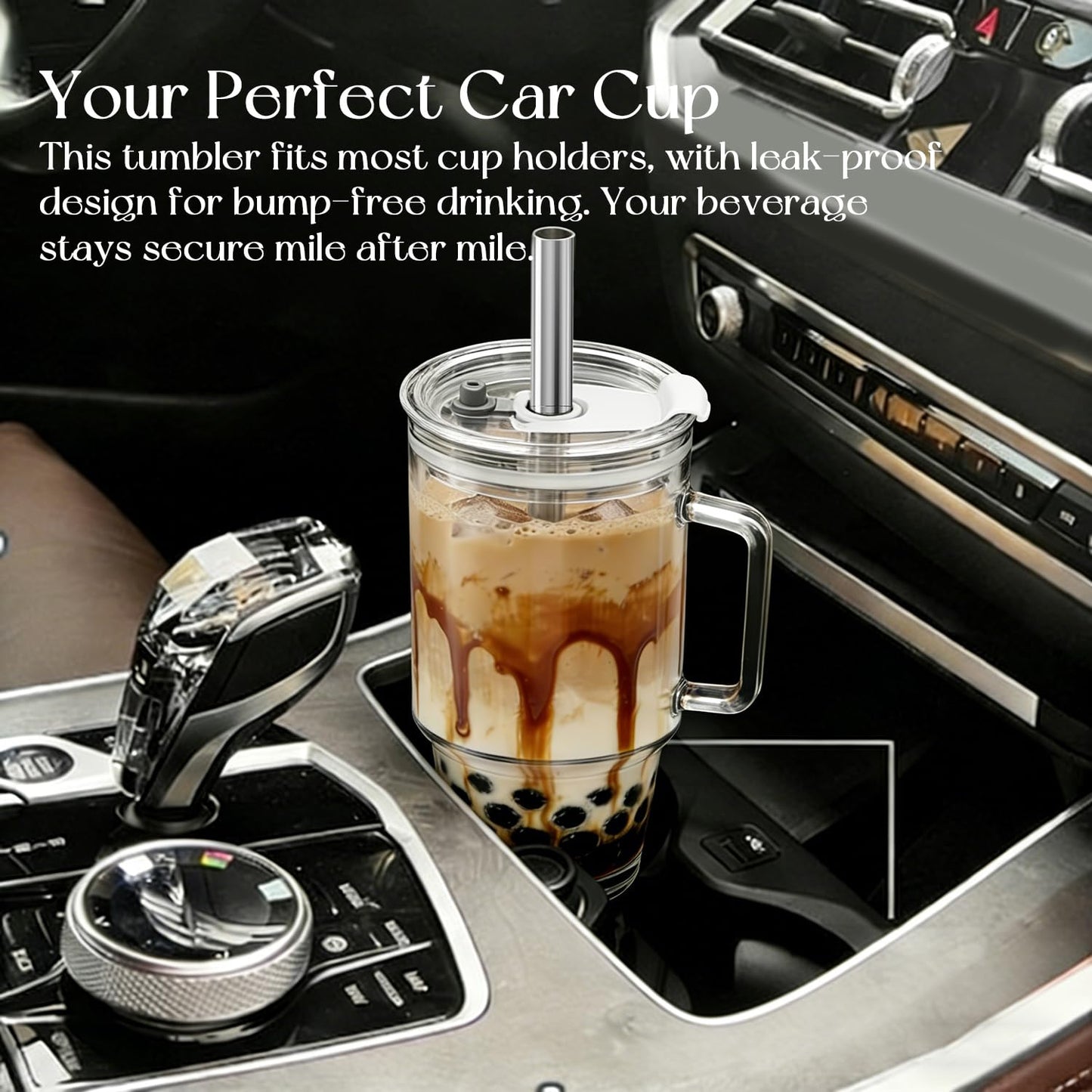 KEMORELA 24oz Clear Glass Tumbler with Handle, Lid & 13mm Stainless Steel Straws,2 set–Wide-Mouth Reusable Glass Cups for Cold & Hot Drinks, Ideal for Boba,Smoothies, Iced Coffee & Juice, Travel Cup