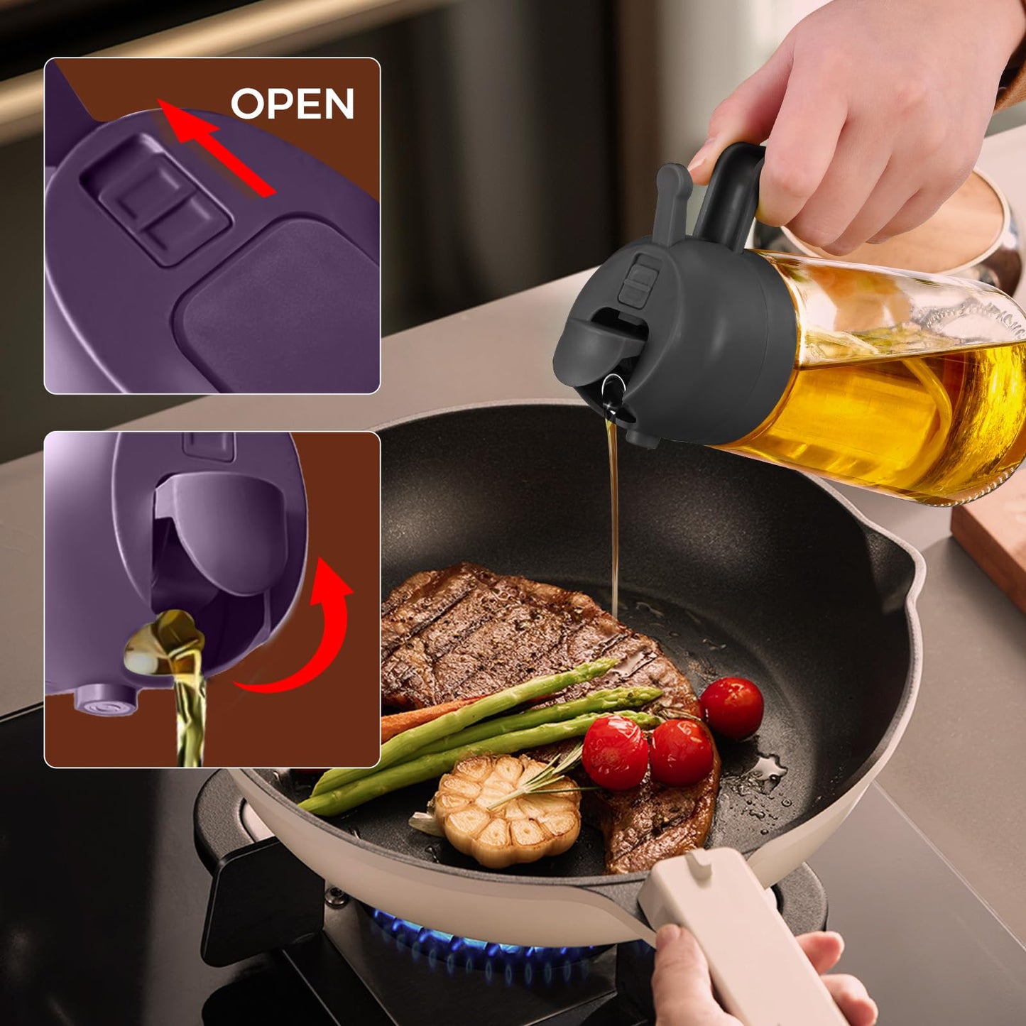 YARRAMATE 16oz/470ml Glass Olive Oil Sprayer for Cooking with Stickers, 2 in 1 Oil Dispenser for Kitchen Gadgets, Food Grade Premium Spray Bottle with Portion Control for Salad, BBQ (Purple)