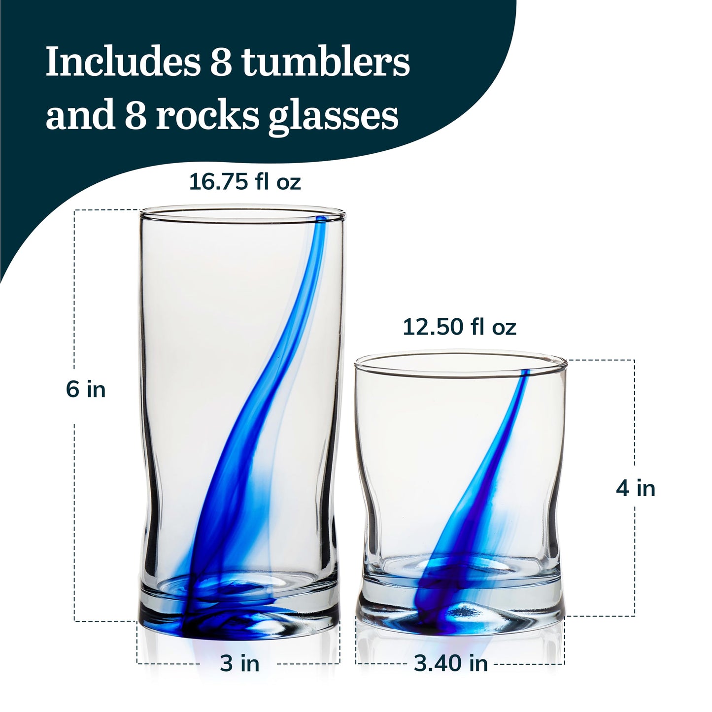 Libbey Blue Ribbon 16 Piece Tumbler and Rocks Glass Set, Infused Blue Ribbon Drinkware Glasses Set, Artisan Inspired Four-Dimple Shaped Rock Glasses, Dishwasher Safe Tumbler Glasses Set