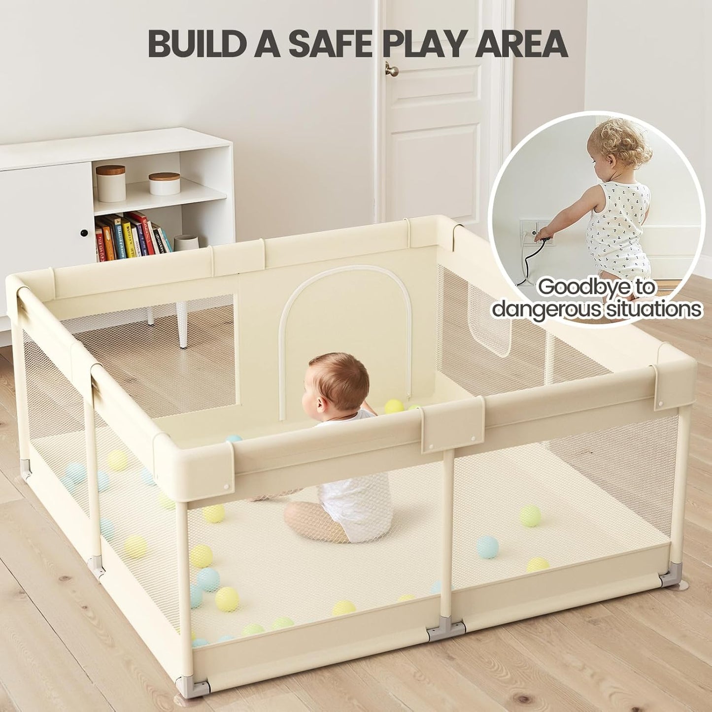 Uanlauo Baby Playpen - Safe 47x47in Indoor Playpen for Babies & Toddlers with Storage Bag & Mesh