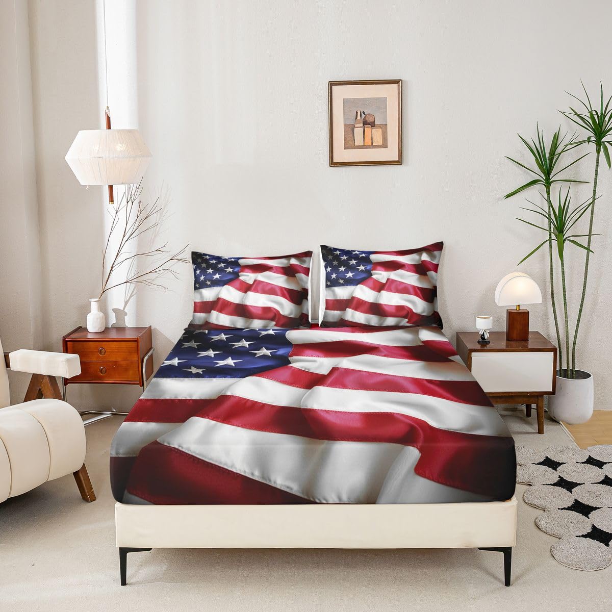 Erosebridal United States Sheet Set Teens American Flag Fitted Sheet Queen, Blue Red Bedding Set Geometric Stripes Bed Sheet with Deep Pocket, 4 Pcs with 1 Fitted Sheet, 1 Flat Sheet, 2 Pillow Cases