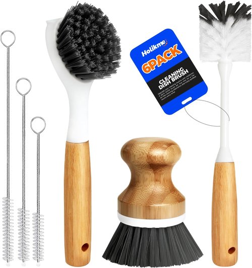 Holikme Dish Brush Set - 6 Pack with Long Handle, Bottle Brush & Palm Scrub for All Cookware - Dark Gray