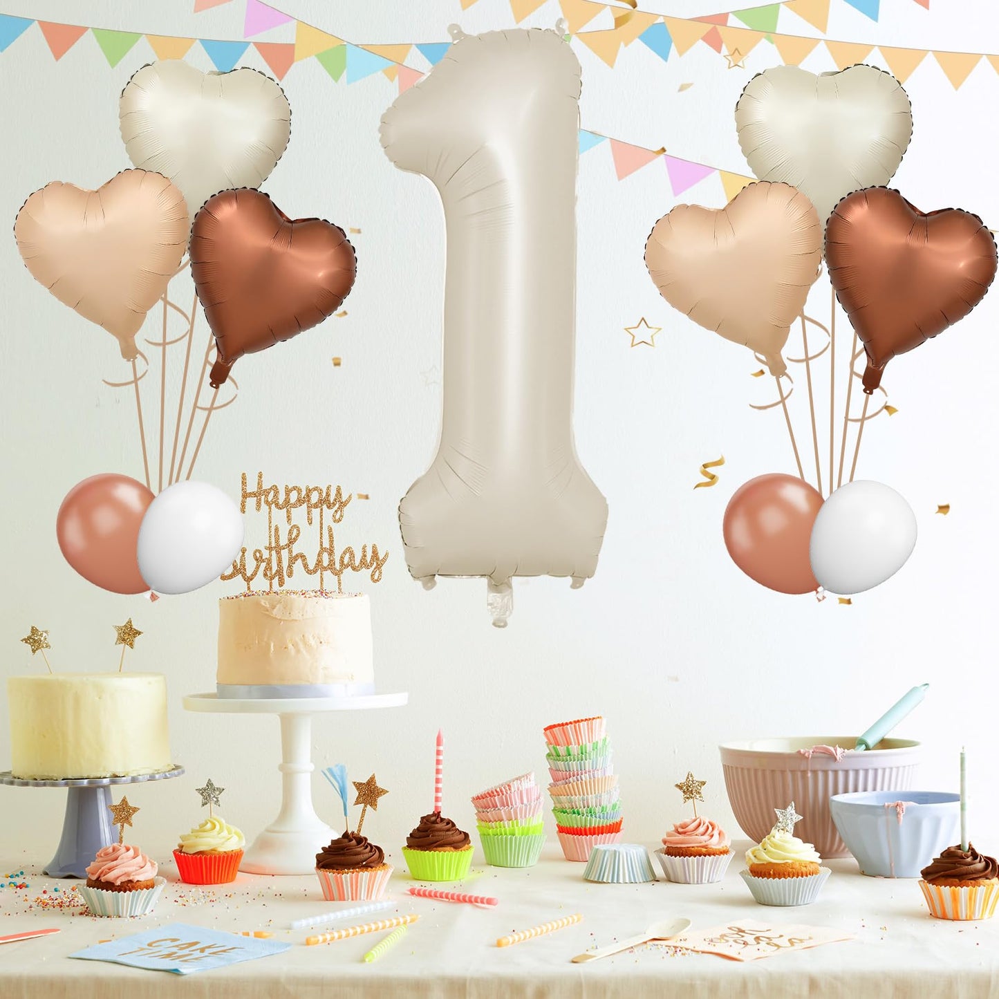 Biapian 40 Inch Cream White Number 1 Balloons, Beige White Large Number One Balloon with Cream Foil Heart Balloons for 1st Birthday Decorations First One Year Boys Girls Baby Shower Party Decor