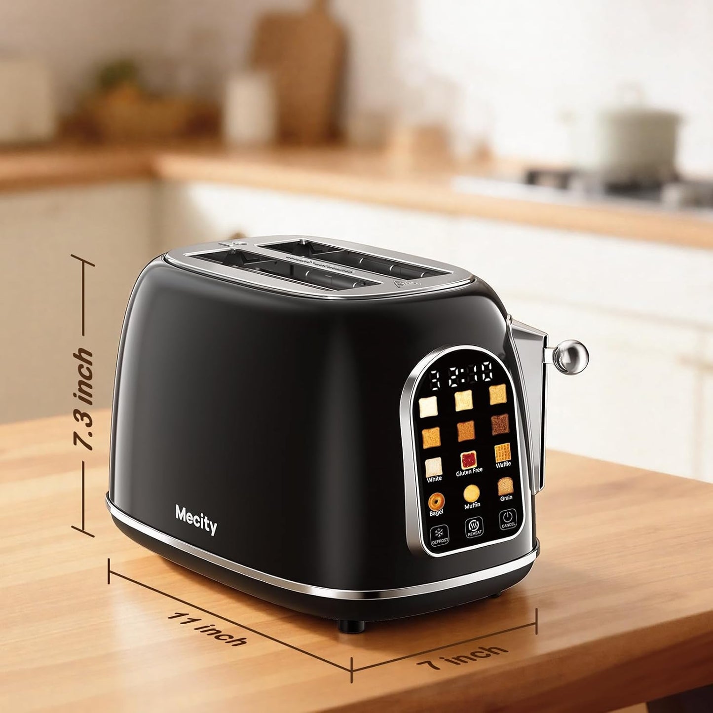 Mecity 2-Slice Toaster - Touch Screen Retro Design for Bagels & Muffins | Jet Black, 120V 825W