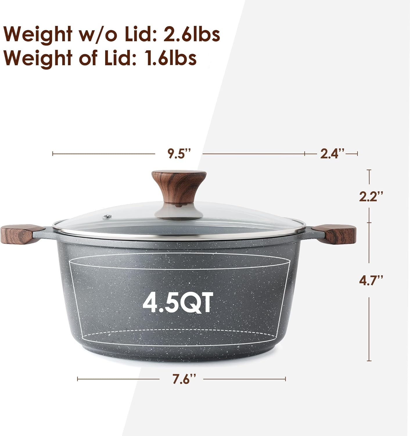 SENSARTE Nonstick Stock Pot - 4.5 Quart Induction Cooking Pot with Tempered Glass Lid | Gray, PFOA-Free