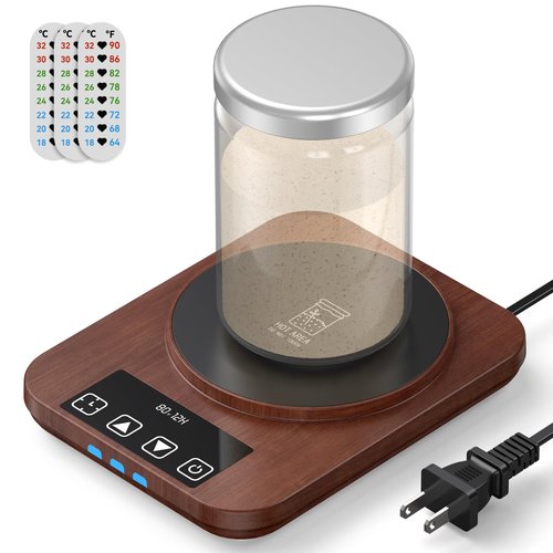 JawJuly Sourdough Starter Warmer (70-100°F), 1°F Adjustable Sourdough Warming Mat, Waterproof Thermometer Strip, 24H Timer & Auto Shutoff, Safe for Home Bakers & Beginners (US Plug) - Wood Grain
