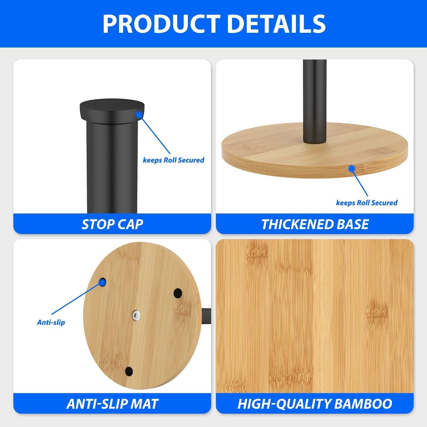 CHIKESI Wooden Paper Towel Holder Countertop, Black,Non-Slip Base, Stainless Steel, FreeStanding, Easy Install, Durable, Ideal for Home,RV,Bathroom,Farmhouse Essentials Decor Accessories