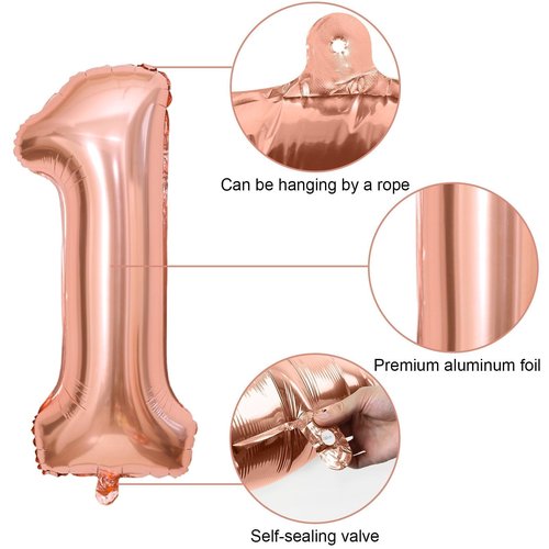 1st Birthday Decoration for Girls, Rose Gold 1st Birthday Balloon, Rose Gold Number 1 Balloon with Butterfly Stickers, Star Heart Foil Balloons Banner Set for Baby 1 Year Old Birthday Party Decor