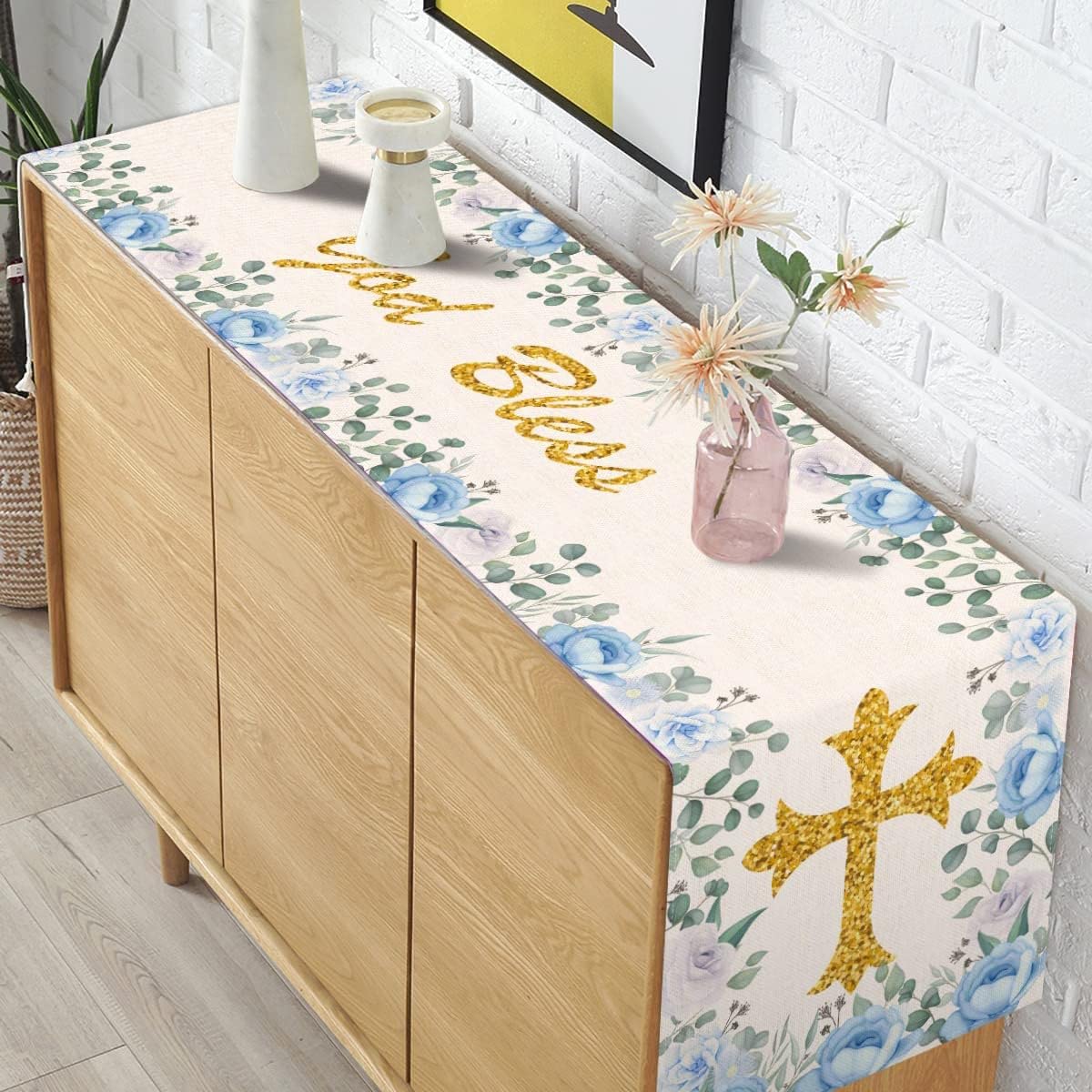 Pudodo Boy Baptism Table Runner God Bless First Holy Communion Christening Baby Shower Party Kitchen Dining Home Decoration (13" x 72", Blue)