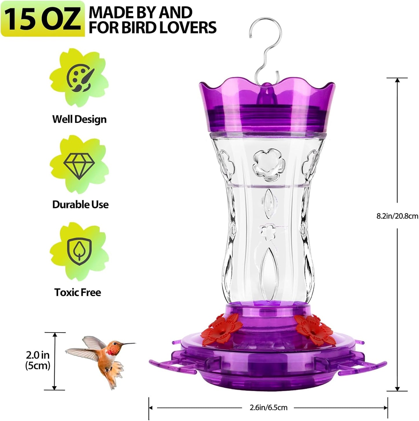 XAROO Hummingbird Feeder - 15oz Leakproof Design with Built-in Ant Moat & 4 Bee Guard Ports | Purple Gift for Nature Lovers