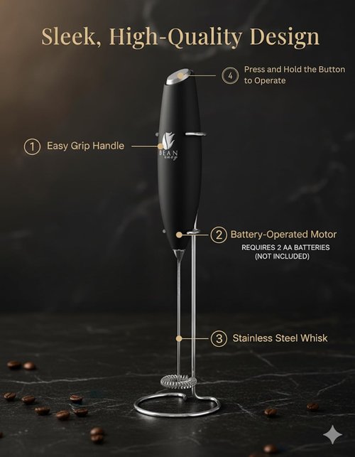 Bean Envy Milk Frother - Handheld Coffee Frother with Stand for Lattes, Cappuccino & Matcha - Black