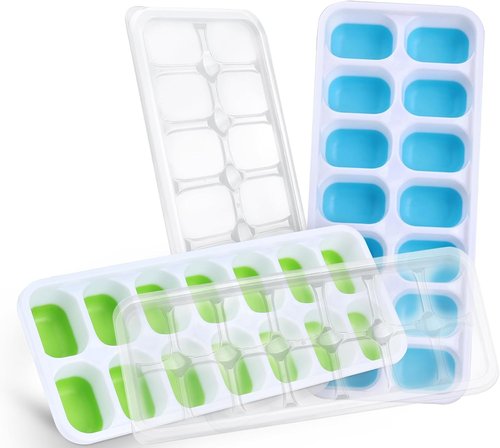 Furnsii Ice Cube Trays - 4 Pack Stackable Silicone Trays with Lid | Easy-Release 56-Cube Design (Green & Blue)