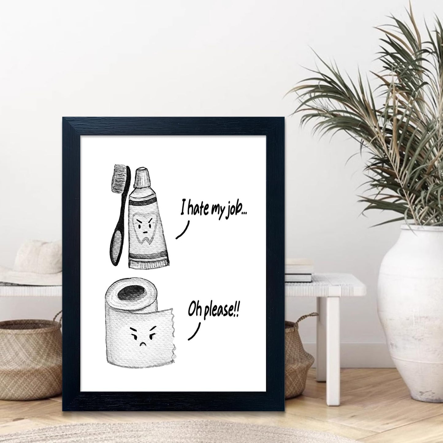 Skiennix Kids Bathroom Decor - Black and White Framed Art Print | Funny Toilet Paper & Toothbrush Design