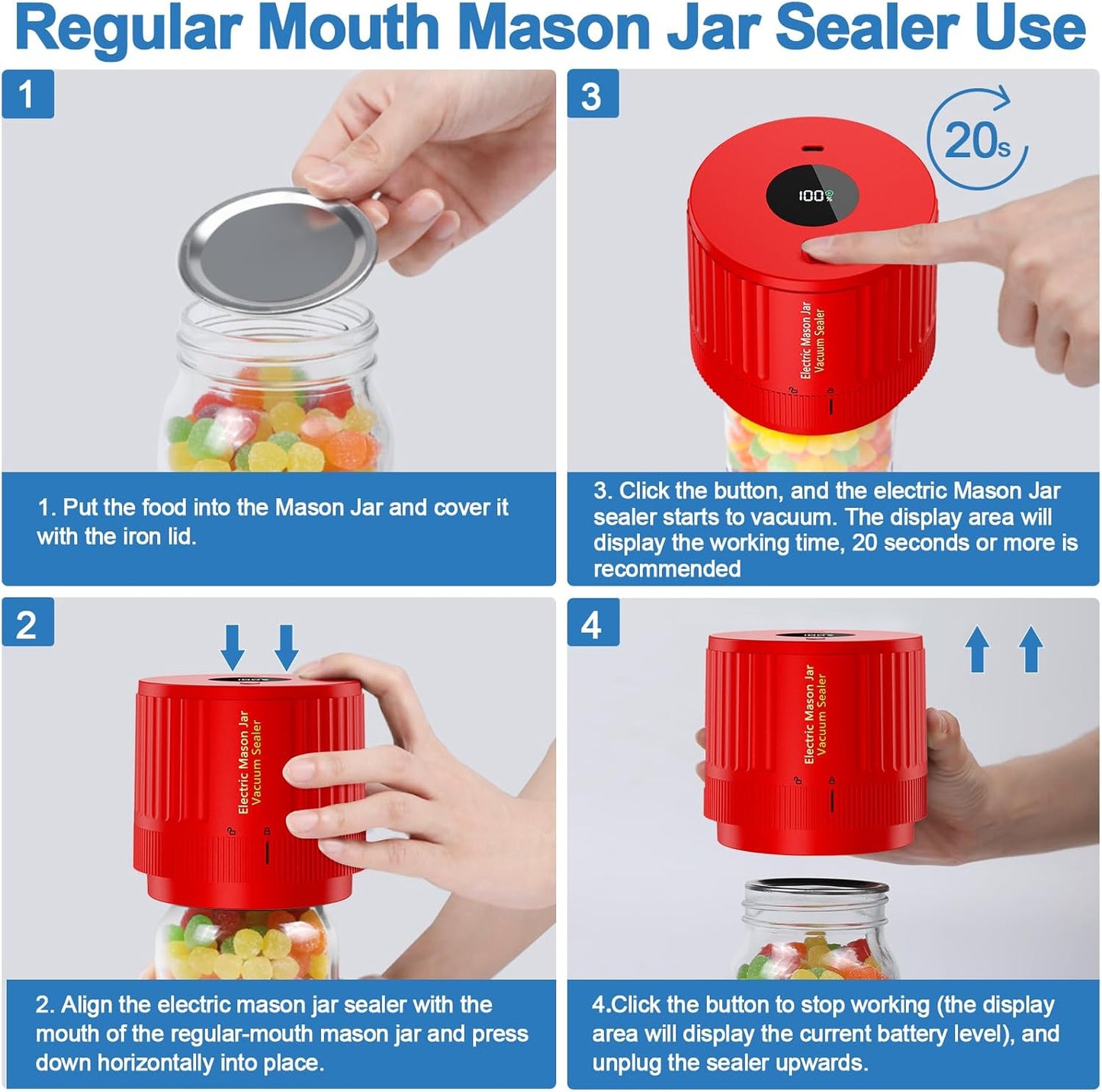 LOVE MOMENT Electric Mason Jar Vacuum Sealer Kit - Ideal for Wide & Regular Mouth Jars - Red