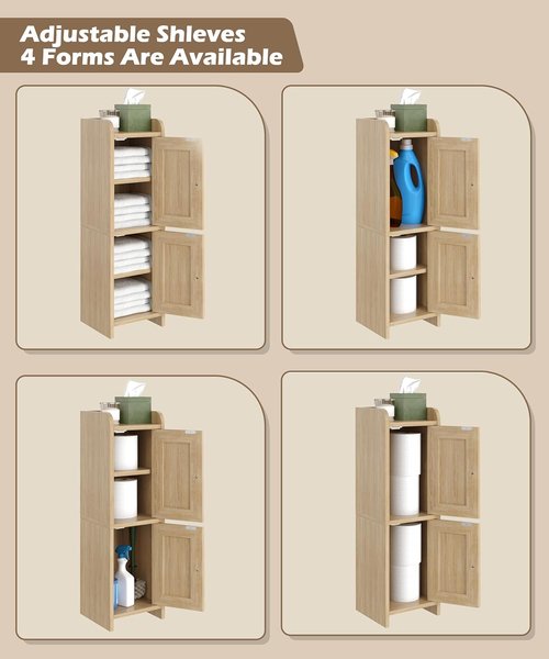 Akxomel Rattan Bathroom Cabinet - 2-Door Narrow Toilet Paper Storage Organizer | 7.9''D x 7.9''W, Natural Oak