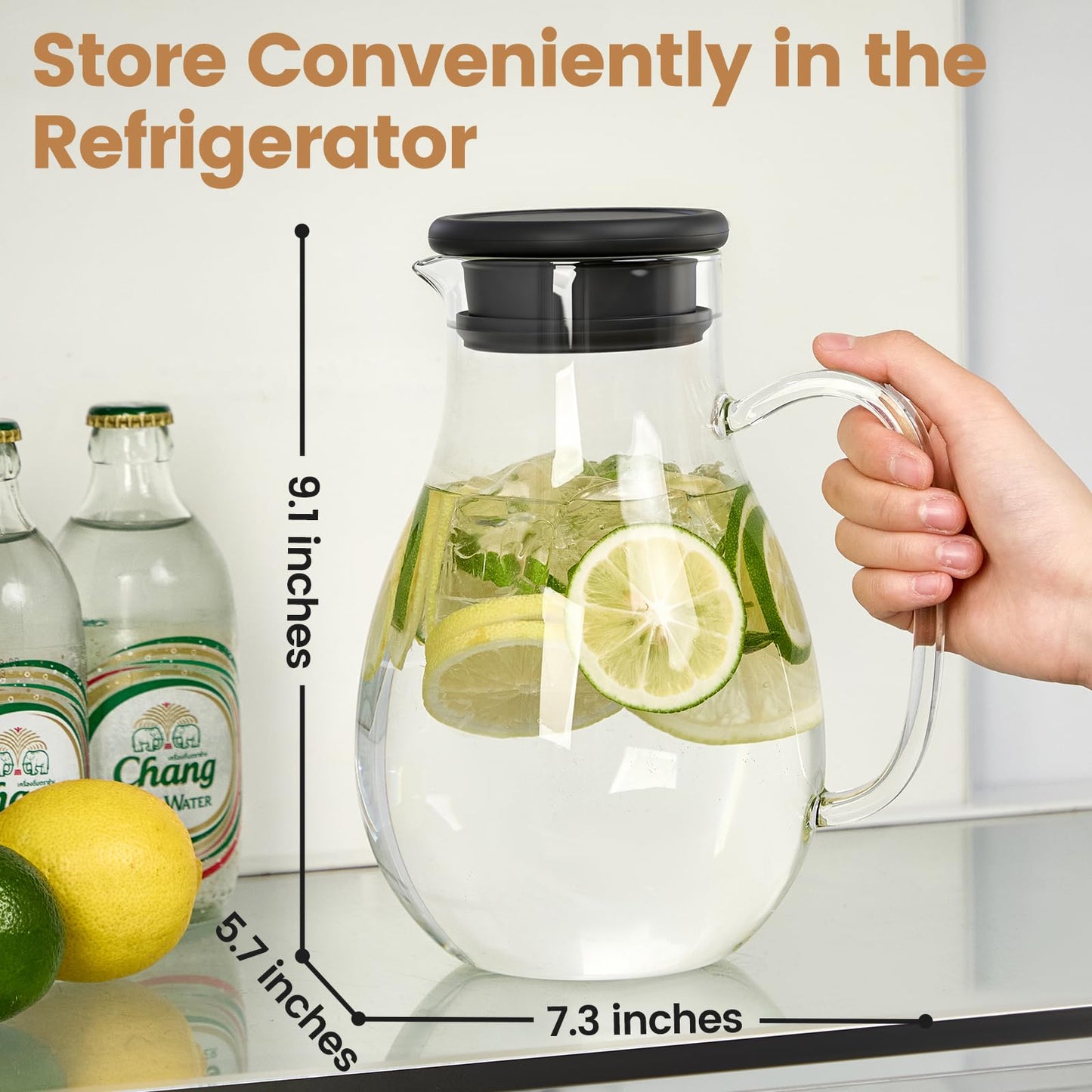 Spreccio Glass Pitcher with Lid, 68 oz(1/2 Gallon), Hot/Cold Glass Water Jug with Silicone Lid, Borosilicate Glass Carafe Wide Mouth Juice and Iced Tea Beverage Serveware (Round)