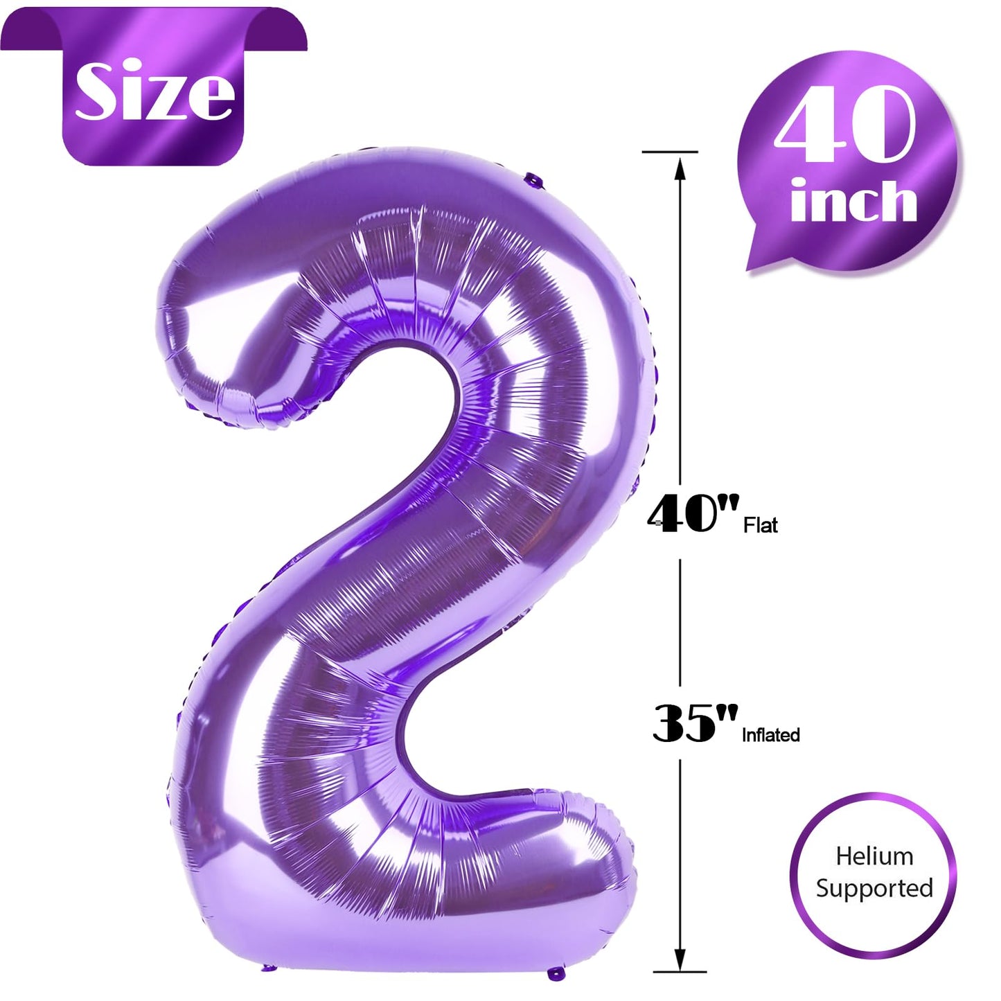 Purple 2 Balloon, Number Balloon 40 Inch, Two Balloon Number Birthday Decorations, Second 2nd Birthday Party Supplies, Number 2 Balloon