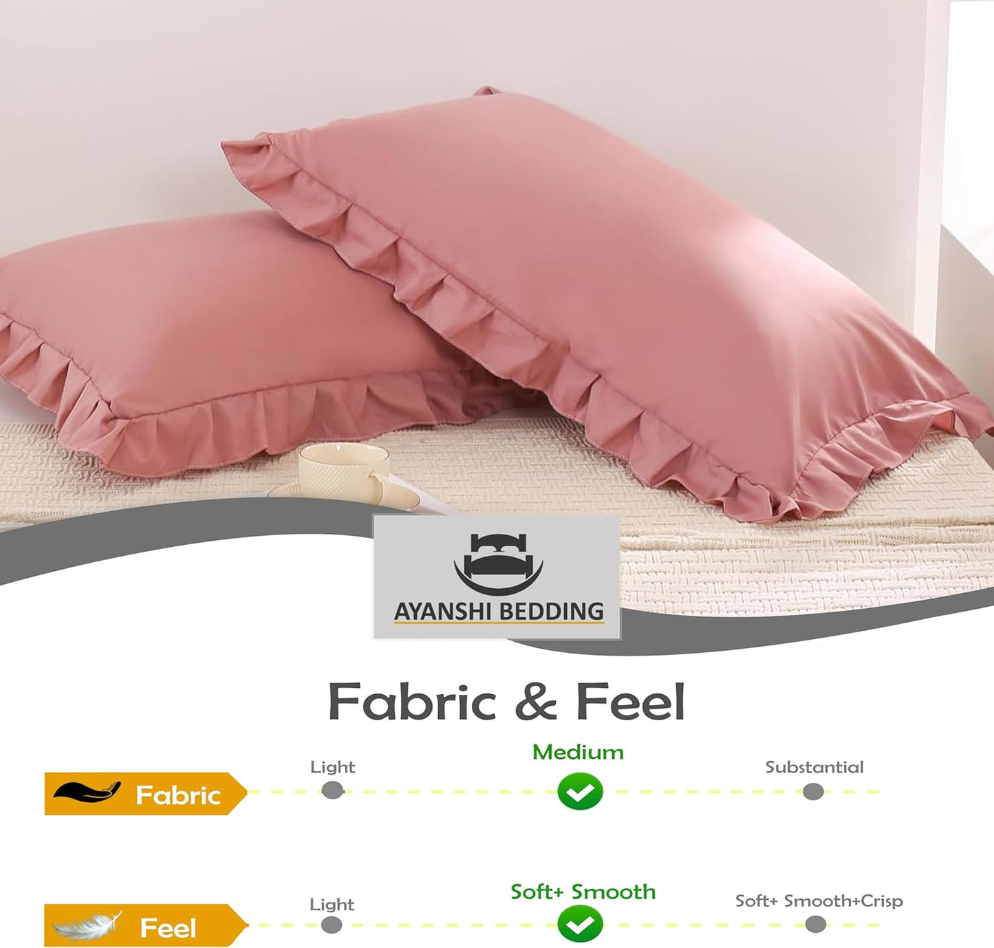 Skiennix Microfiber Ruffle Pillow Shams - Soft & Breathable Decorative Cases | Set of 2, Baby Pink, 20x26