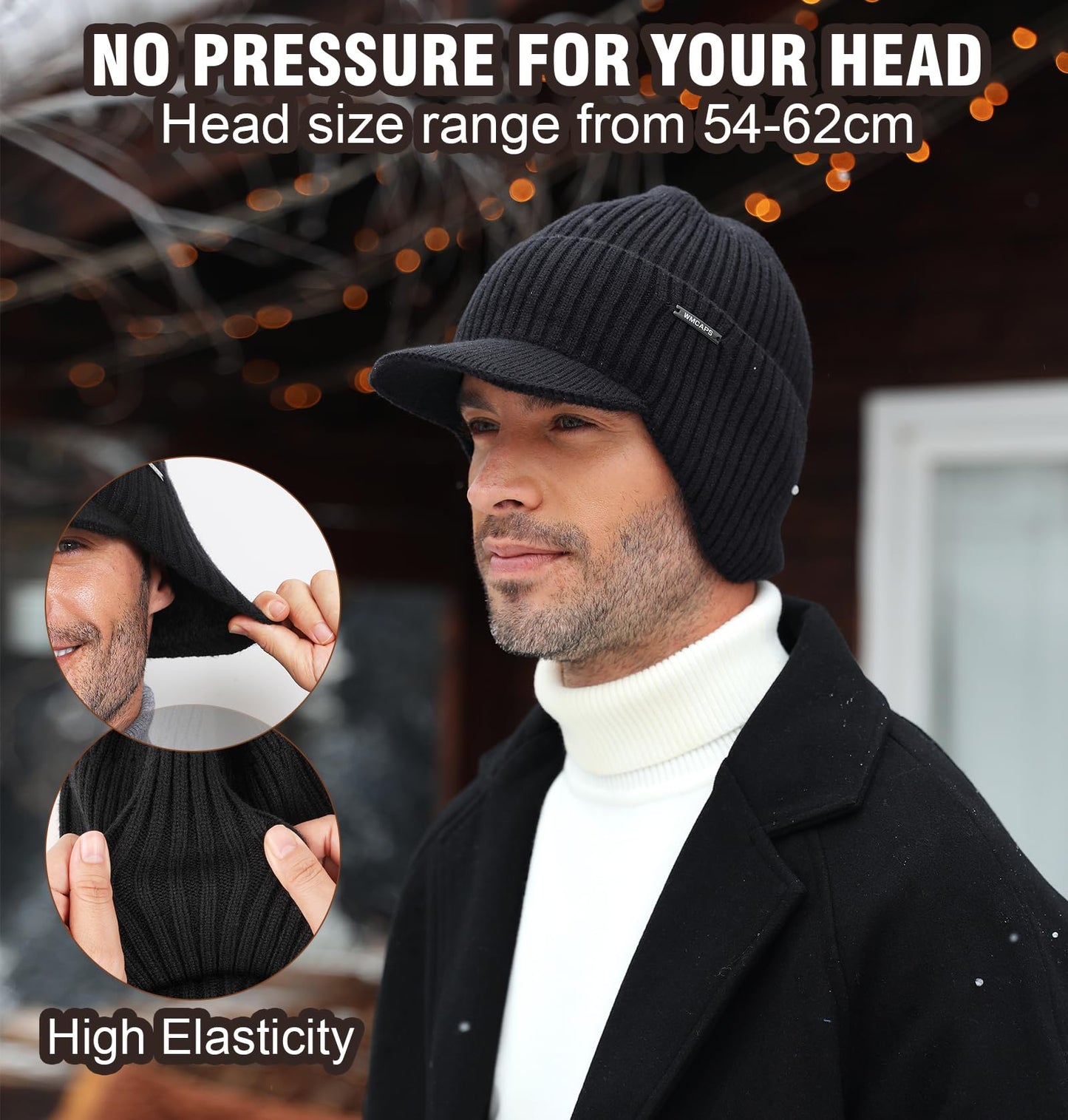 Wmcaps Winter Beanie with Brim and Ear Flaps, Outdoor Warm Fleece Lined Knit Hat Stocking Caps for Men Women Charcoal Gray