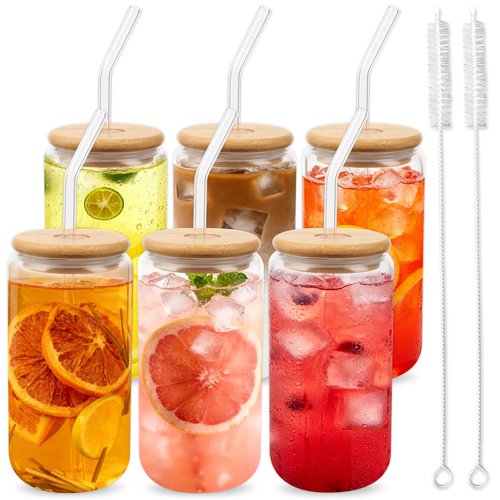 Alotpower Borosilicate Glass Cups with Lids and Straws, 16 oz Reusable Tumbler Set (6-Pack) Includes Bamboo Lids, Glass Straws & Brush for Iced Coffee, Bubble Tea, Cold Beer, Juice