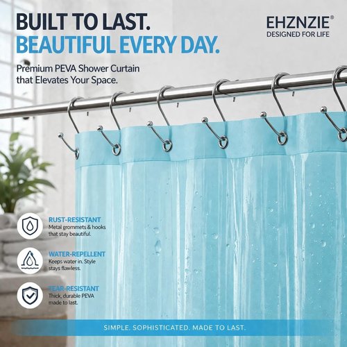 EHZNZIE Aqua Shower Curtain Liner - 72x72 Waterproof PEVA Bath Curtain with 3 Weighted Magnets & Rustproof Grommets