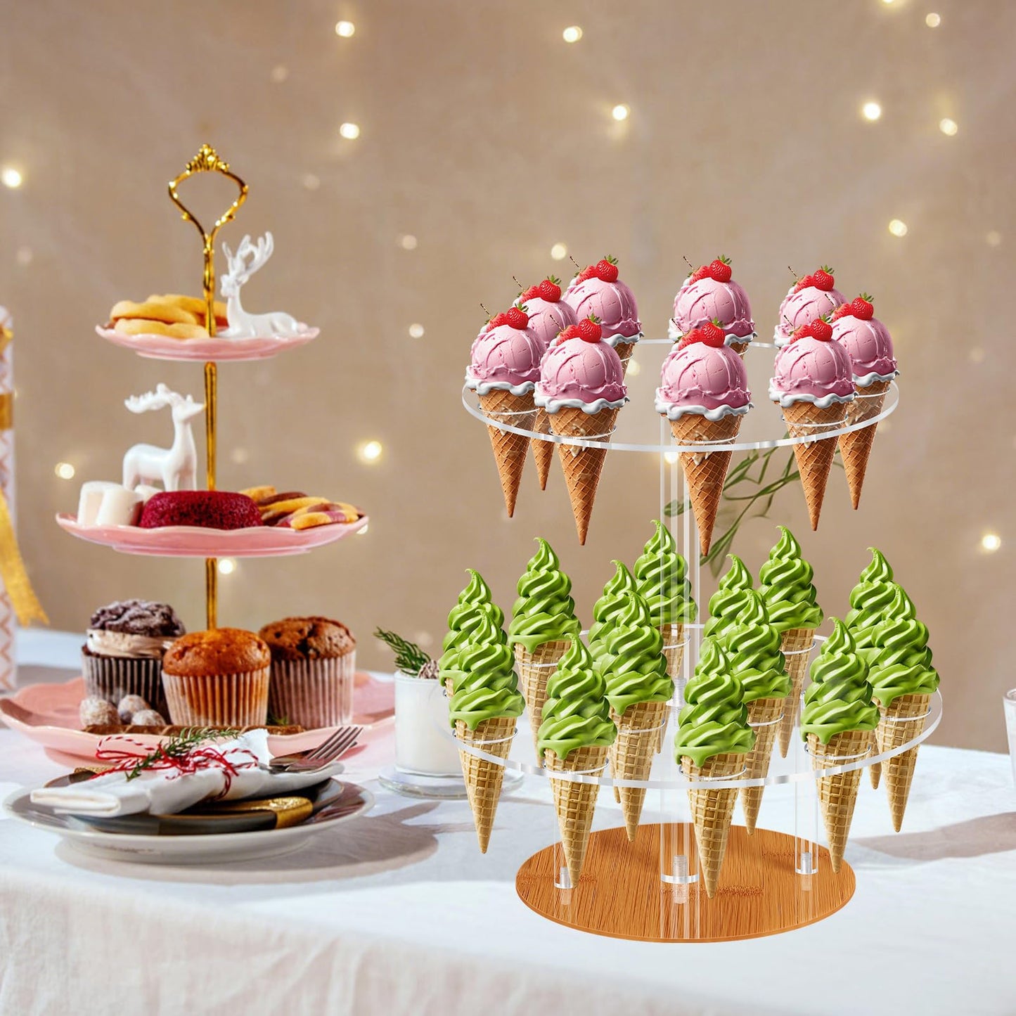 ELEGICKLIP Acrylic Ice Cream Cone Holder 23 Holes 2 Tiers Stand Clear Cupcake Stand Display Rack for Birthday Parties Weddings Christmas