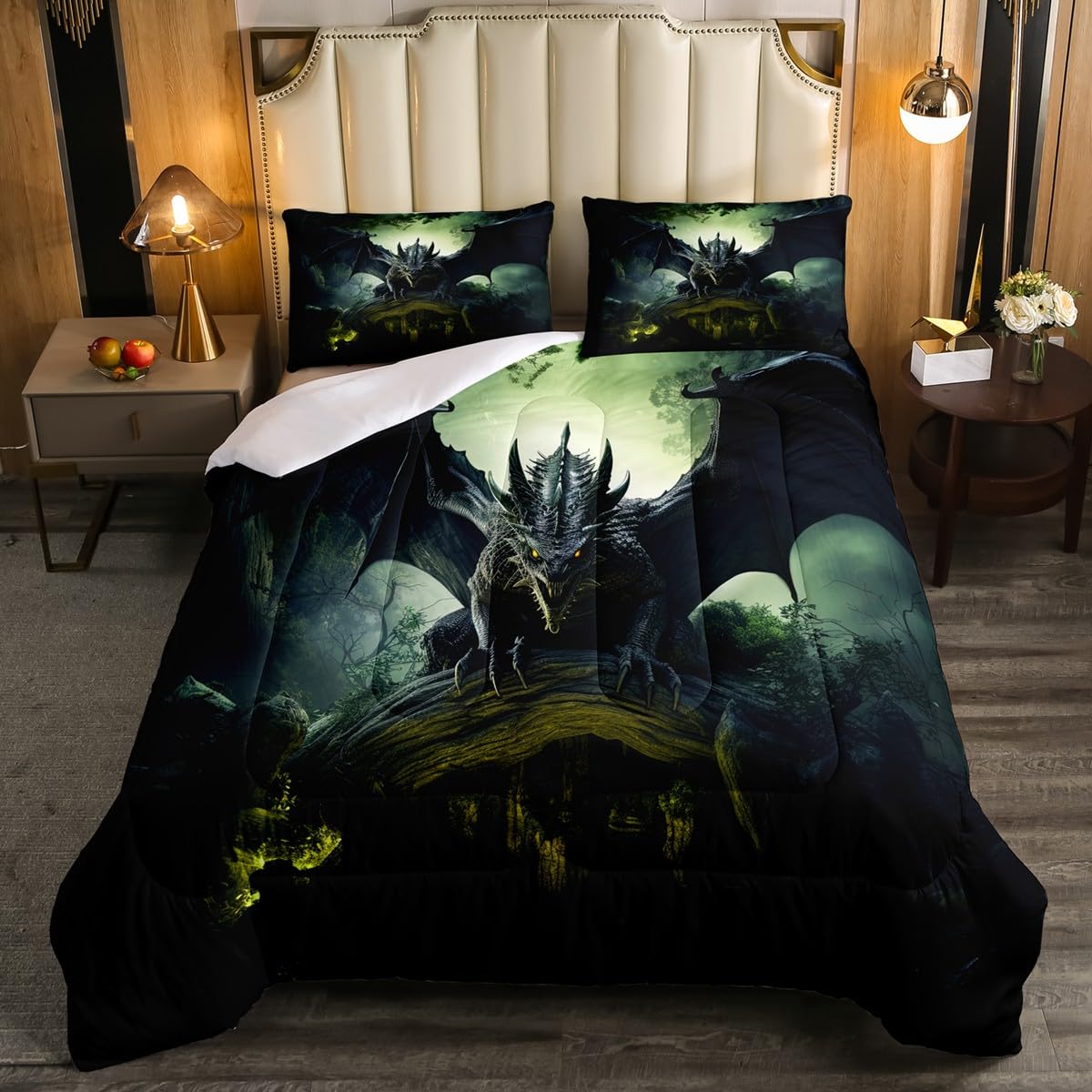 Erosebridal Flying Dragon Bedding Print for Boys Girls Room Decor - Dragon Bedding King, Exotic Dragon Comforter Set Tropical Rainforest Quilt Soft Microfiber Duvet Insert with 2 Pillow Cases
