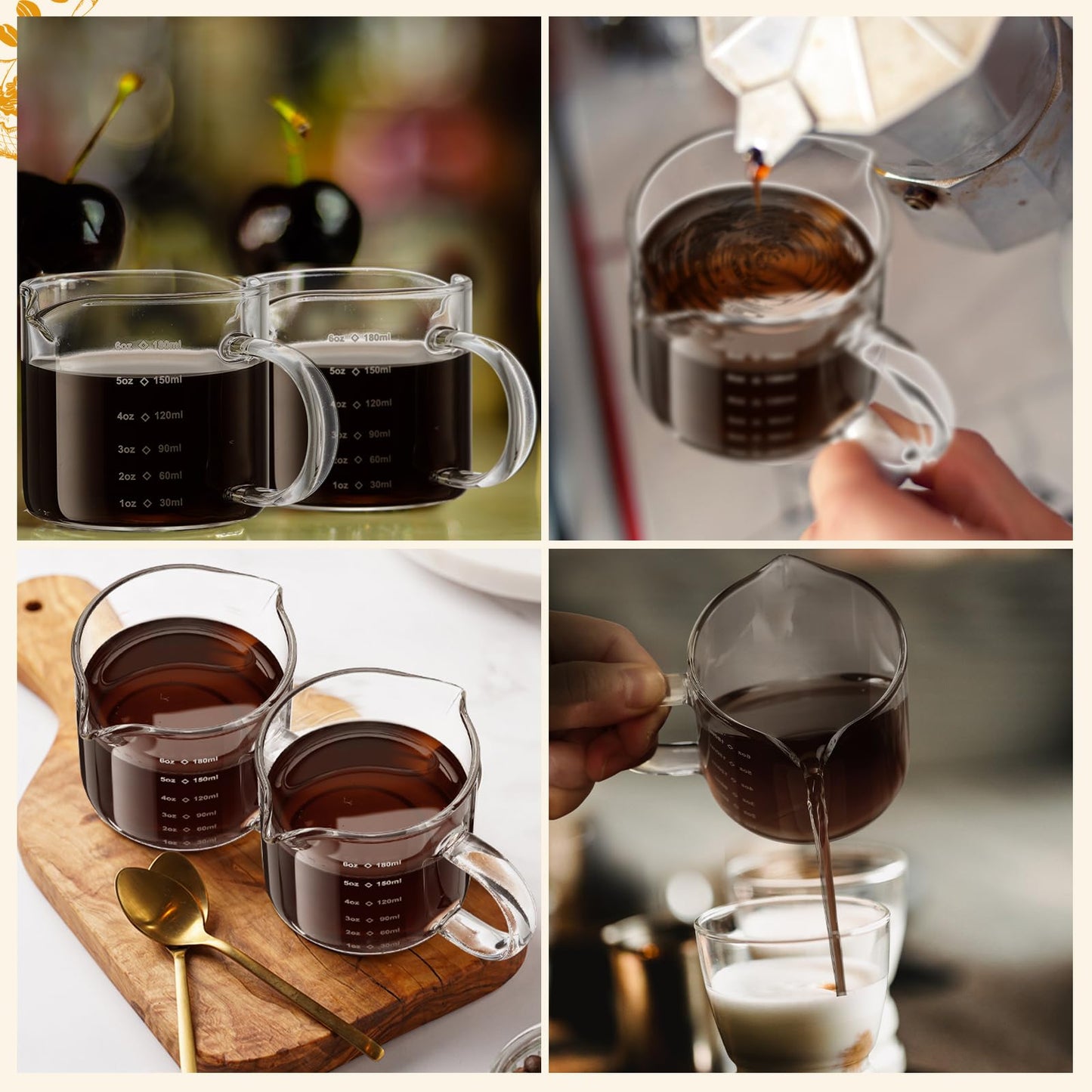 Patelai 2 Pcs 6oz/180ml Espresso Cups, Glass Measuring Cups with Double Spouts & Handle, Scale Espresso Shot Glass Milk Frothed Cup Coffee Accessories for Machines, Milk Frothed, and Bars