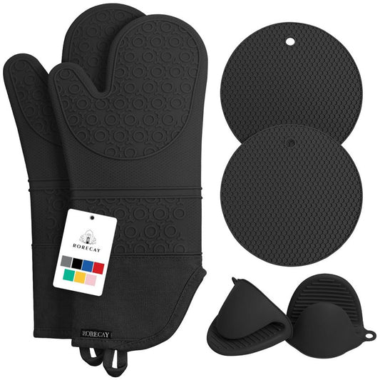 Rorecay 6pcs Oven Mitts and Pot Holders Sets Heat Resistant 500 Degrees, Extra Long and Non-Slip Silicone Oven Gloves Potholders Hot Pads for Kitchen Baking Cooking, Quilted Liner, Black