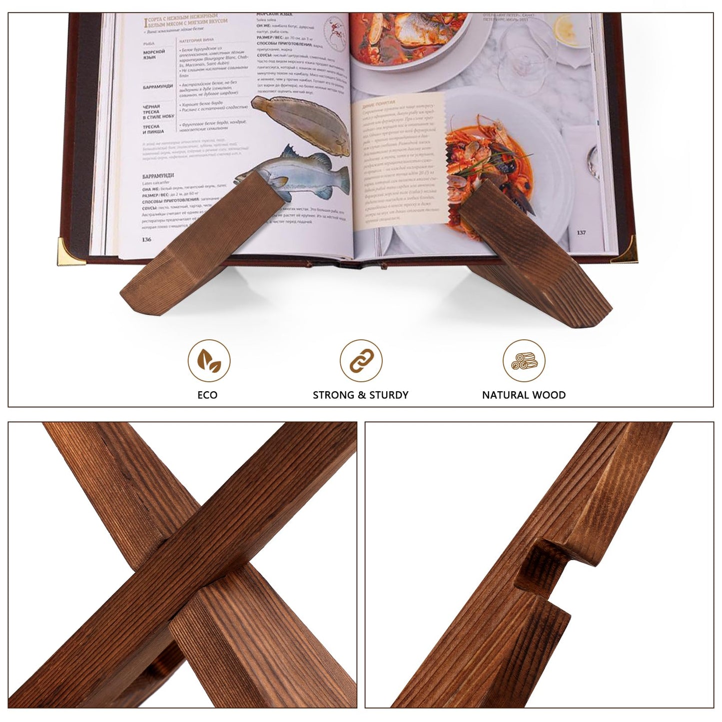 SAMEBUTECO 2 Packs Wood Cookbook Stands & Recipe Holders for Kitchen,7 inch Height Recipe Holders Display Stand Rustic Style, Brown, Box Package