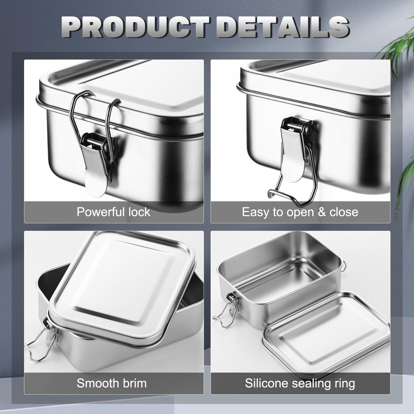 Umigy 4 Pcs Stainless Steel Food Containers 1000 ml Metal Bento Lunch Box Stainless Steel Food Storage Containers, Lockable Clips to Leak Proof, Reusable Dishwasher Snack Boxes for Work