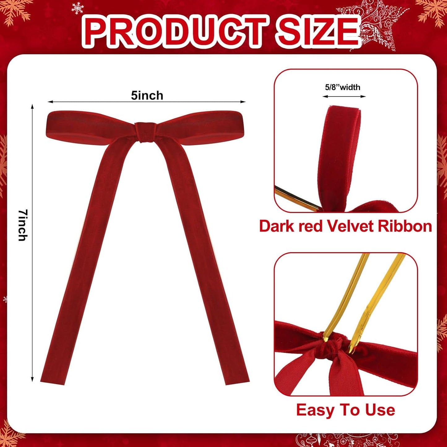 Skiennix 24 Pcs Velvet Bows - Vintage Ribbon Bows for Christmas Tree & Crafts | Dark Red, 5 x 7 Inch