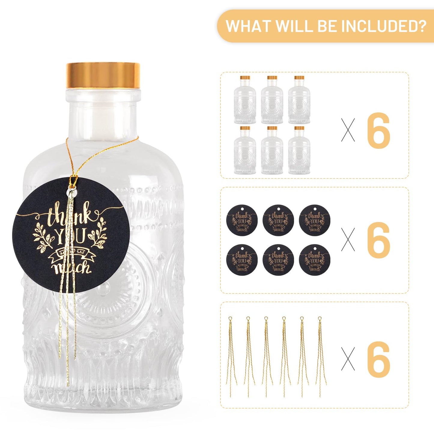 GYOSUGANG 6 Pack Glass Bottles with Lids - 6 oz Liquor Bottles with Gift Labels & Decorations for Oil Vinegar Kombucha Whiskey Wine Beverages Drinks Beer Water Soda with T-Top Cork Cap