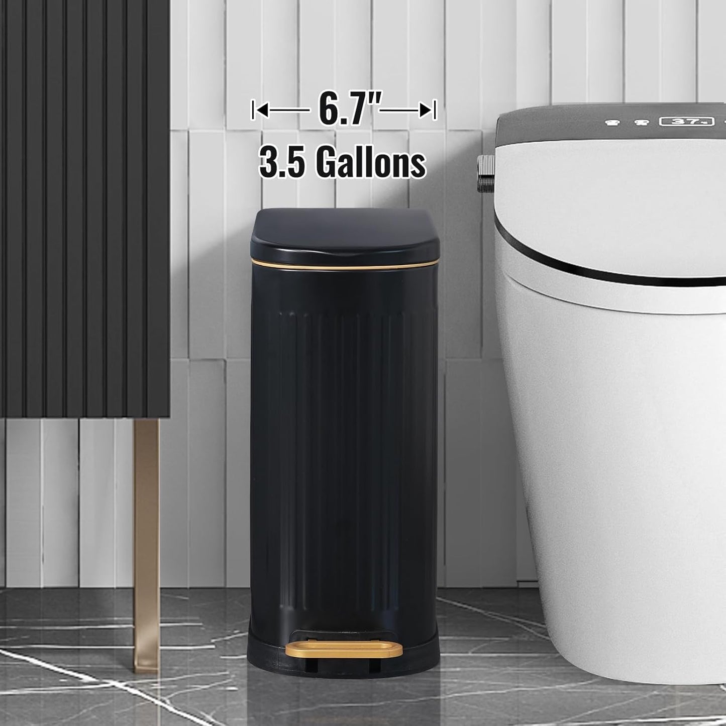 SYNCVIBE Slim Bathroom Trash Can - Stainless Steel Soft Close Step Bin | Removable Inner Bucket, Matt Black, 3.5 Gallons