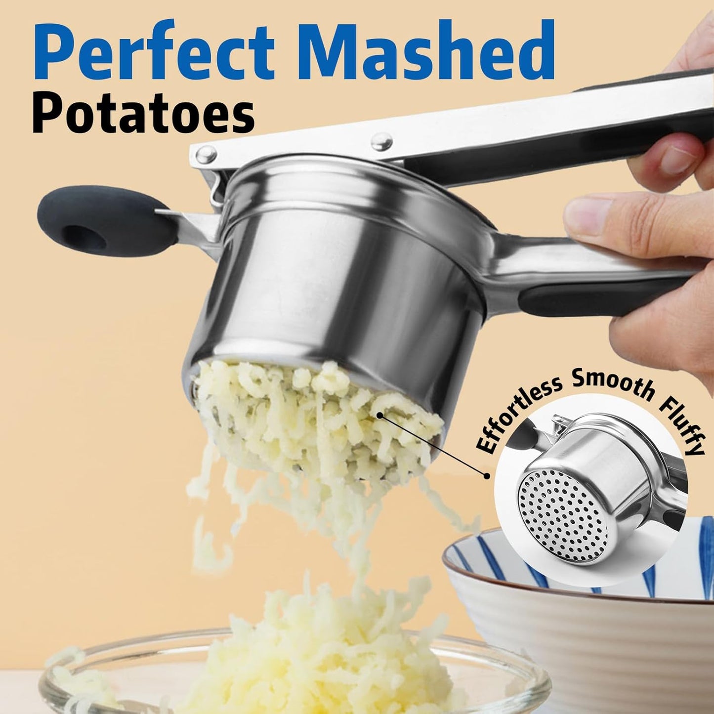 Skiennix 15 oz Stainless Steel Potato Ricer - 3 Interchangeable Plates, Dishwasher Safe for Perfect Mashed Potatoes & Baby Food