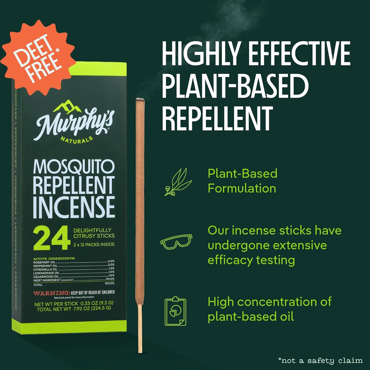 Murphy's Naturals Mosquito Repellent Incense Sticks - 24 Count | Citronella Outdoor Insect Defense, 2.5+ Hours