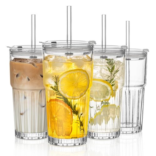 INSETLAN 20 oz Clear Glass Tumbler Set with Lids and Straws – 4-Pack Iced Coffee Cups with Glass Straws & Brushes, Reusable Drinking Glasses for Smoothies, Tea, Juice, Beer, Cold Beverages