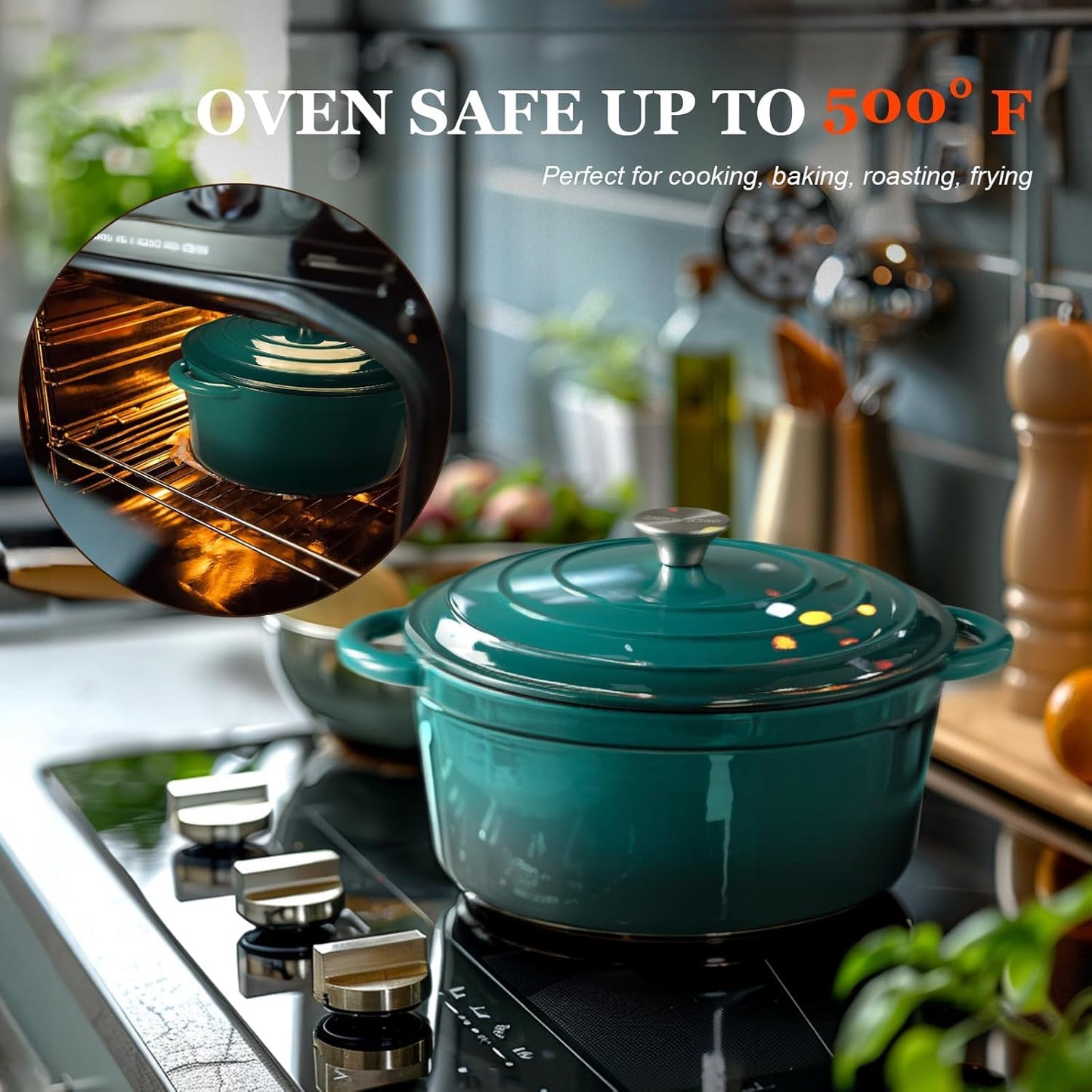 Overmont Enameled Cast Iron Dutch Oven - 5.5QT Pot with Lid Cookbook & Cotton Potholders - Heavy-Duty Cookware for Braising, Stews, Roasting, Sourdough Baking bottle green