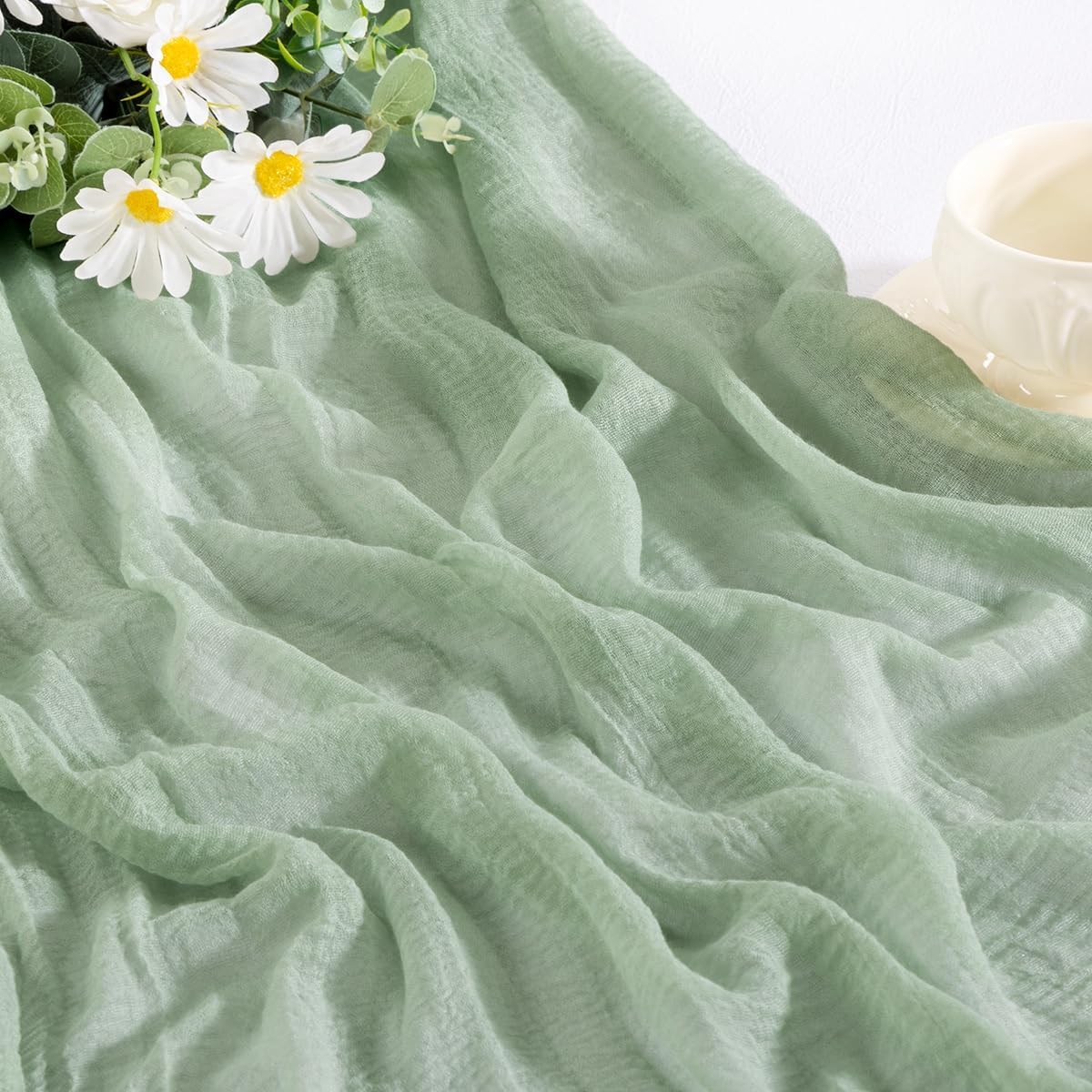 Santaben Sage Green Cheese Cloth Table Runner Spring 120 Inch Soft Rustic Boho Gauze Cheesecloth Table Runner 10FT for Wedding Birthday Party Baby Shower Home Decoration