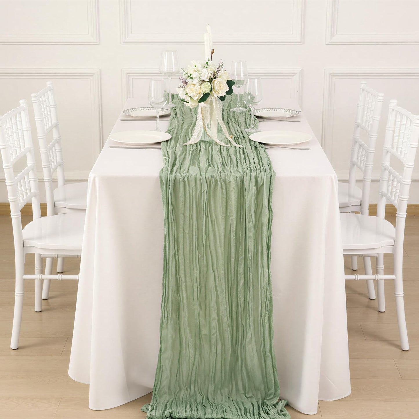 Sage Green Table Runner 35x120 Inch Cheesecloth Table Runner 1 Pack for Baby Shower, Boho Decor, Wedding Decoration, Jungle Theme Party