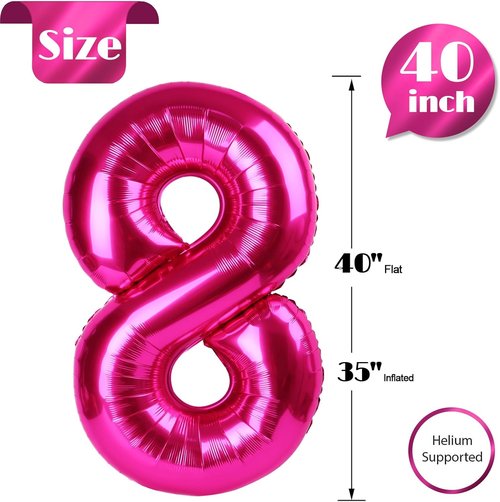 Hot Pink Number 8 Balloon - 40 Inch Giant Foil Balloon for 8th Birthday Party Decorations