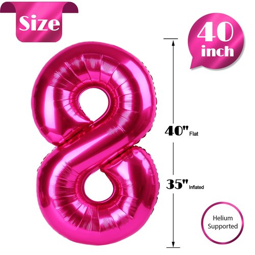 Hot Pink Number 8 Balloon 40 Inch, 8th Birthday Party Decorations for Children, Giant 8 Foil Balloon for Party Supplies